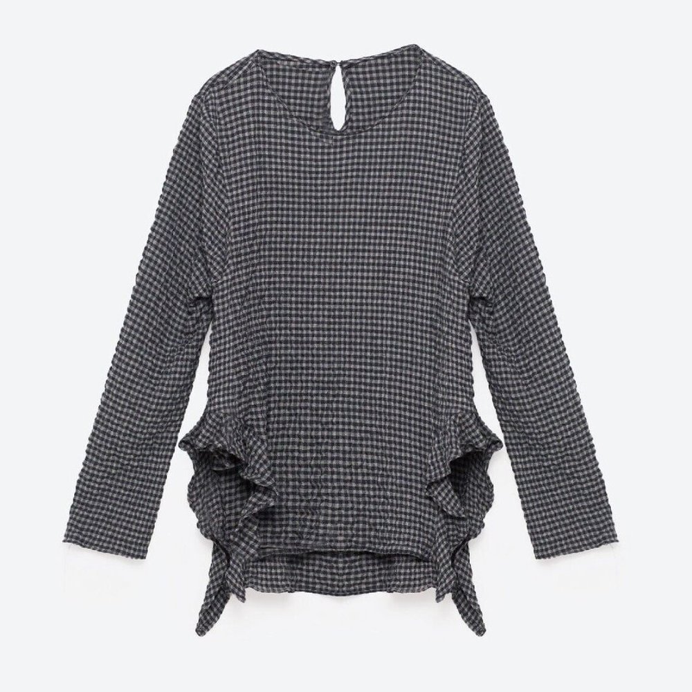Zara Womens Gingham Black Gray Asymmetric Blouse Long Sleeve Ruffle Muslin S